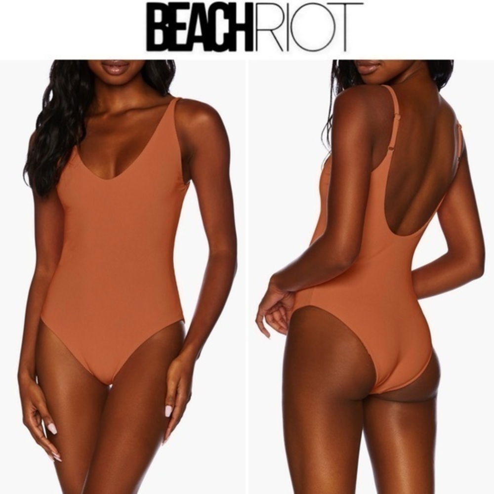 Beach Riot Reese Rib One Piece Swimsuit Sz L in Carmel Brown Copper $148 NWT